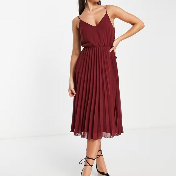 Asos Design Oxblood Red Pleated Cami Midi Dress Drawstring Waist Size 0 - Picture 9 of 10